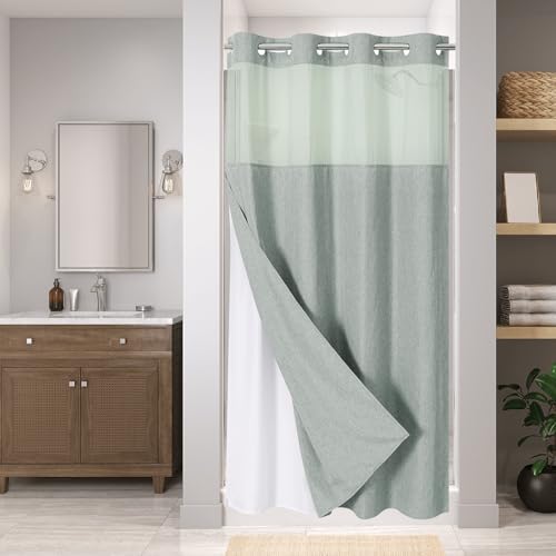 eachope No Hook Fabric Shower Curtain with Snap-in Liner,60x74 Sage Green