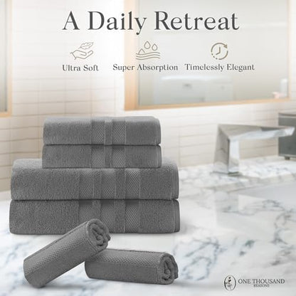 Premium Staple Cotton Bathroom Towel Set - Gray 600 GSM 6-Piece Luxury Bath Towel Set 3 Stripe - 2 Bath Towels, 2 Hand Towels & 2 Washclothes Set - High Absorbent & Quick Dry for Gym, Spa, Hotel