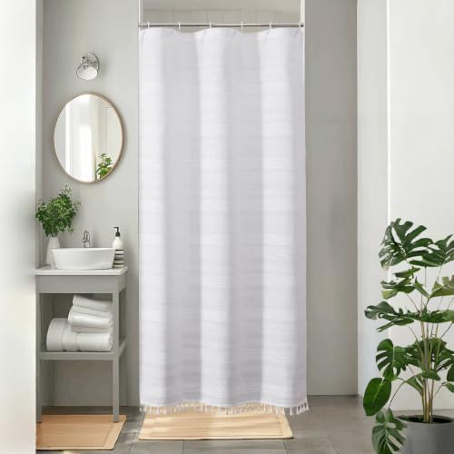 OVZME White Boho Stall Shower Curtain, Narrow Soft Fabric Striped Textured Bathroom Shower Curtain with Tassel, Modern Farmhouse Machine Washable Bath Decor, White, 36Wx72L Inches