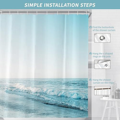 Ocean Beach Coastal Seaside Shower Curtain for Bathroom 72W*72H Inch Nautical Summer Seacoast Beachy Waves Bathtub Decor Seascape Neutral Waterproof Polyester Fabric Set with 12 Hooks