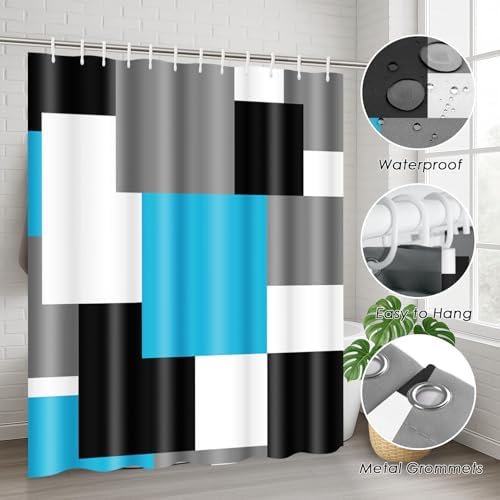Bathroom Sets with Shower Curtain and Rugs, 4 Pcs, Blue Geometric