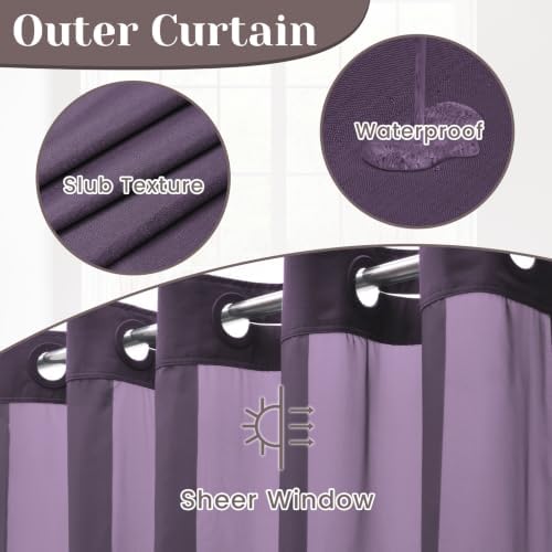SORTTO No Hook Slub Shower Curtain with Liner, 71x74, Purple