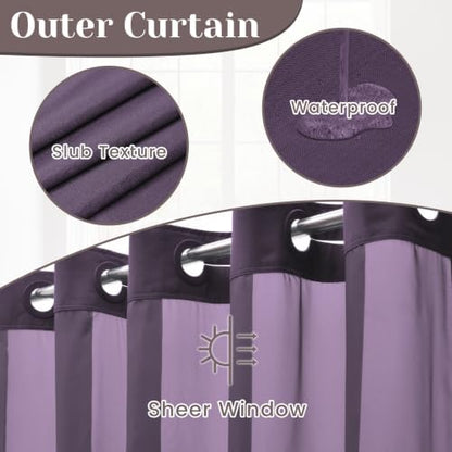 SORTTO No Hook Slub Shower Curtain with Liner, 71x74, Purple