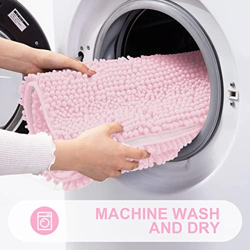 Grandaily Chenille Striped Bathroom Rugs 47x20, Extra Thick and Absorbent Bath Mats, Non-Slip Soft Plush Shaggy Shower Carpet, Machine Wash Dry, Bath Rug for Bathroom, Pink