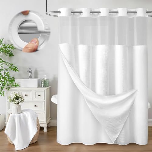 No Hook Shower Curtain with Liner Hotel Waffle PEVA Window White 72W X 75L