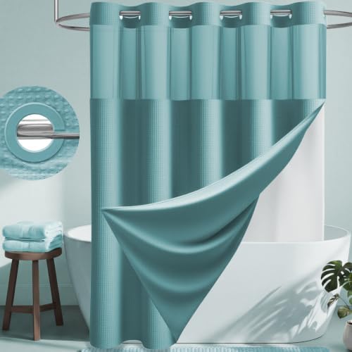 Dynamene Teal Hook Free Waffle Shower Curtain & Snap-in Fabric Liner,72x87