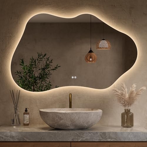 Keonjinn 48 x 30 Inch Irregular Backlit Bathroom Mirror, HD Tempered Glass