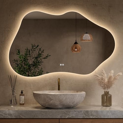 Keonjinn 48 x 30 Inch Irregular Backlit Bathroom Mirror, HD Tempered Glass
