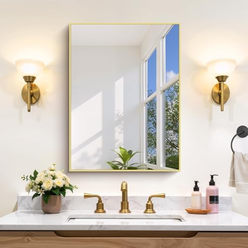 COFENY Gold Bathroom Mirror for Wall, 18x24 Inch Rectangle Mirror with Metal Frame, Modern Vanity Mirrors for Bathroom Living Room, Entryway Hangs Horizontal or Vertical