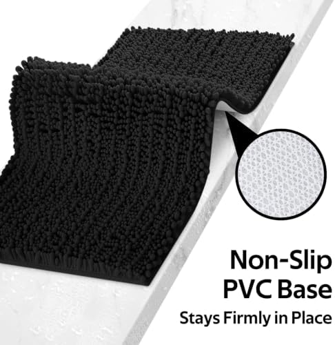 ACCUMTEK Upgrade Luxury 2 Piece Black Toilet Bathroom Rug Mat 32"x20"+24"x17", Ultra Soft Thick Absorbent Bath Mats, Non Slip Chenille Toilet Mat for Bathroom, Bedroom, Kitchen, Shower, Tub