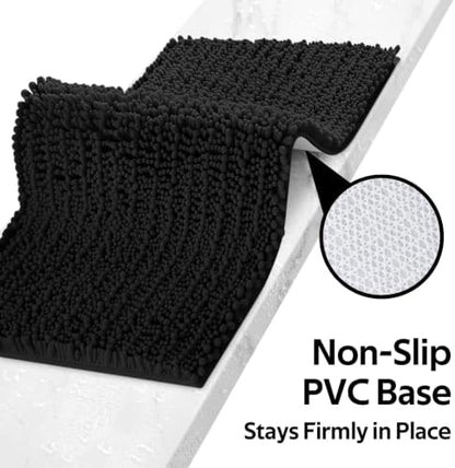 ACCUMTEK Upgrade Luxury 2 Piece Black Toilet Bathroom Rug Mat 32"x20"+24"x17", Ultra Soft Thick Absorbent Bath Mats, Non Slip Chenille Toilet Mat for Bathroom, Bedroom, Kitchen, Shower, Tub