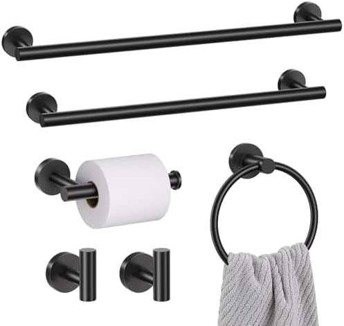 6 Pieces Matte Black Towel Bar Bathroom Hardware Set, 23.6Inch Matte Black Bathroom Accessories Towel Holder Set, SUS304 Stainless Steel Towel Racks for Bathroom
