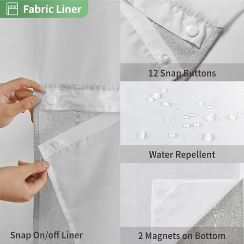 eachope No Hook Stall Shower Curtain with Snap-in Fabric Liner - 54x80 Heavy-Duty Linen Textured Striped Design,Narrow Rustic Modern Farmhouse Bohemian Bathroom Curtain,Water-Repellent,Grey/Gray