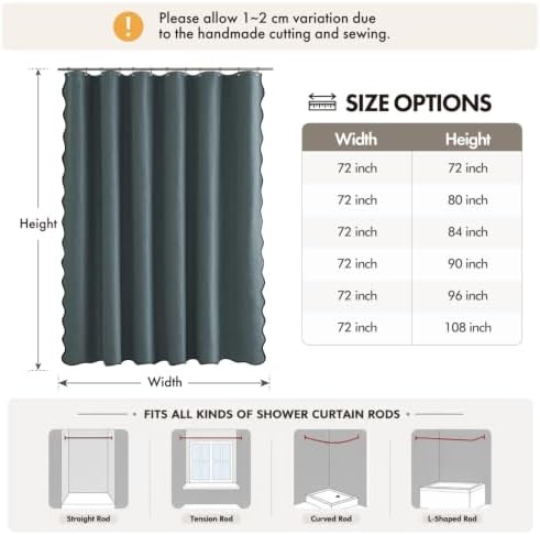ANRODUO Dusty Blue Scalloped Linen Textured Shower Curtain, W72 x L72
