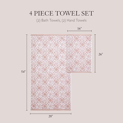 Jessica Simpson - Bath Towel 4 Piece Set, Aziza, Premium Bathroom Decor, Includes 2 Hand Towels and 2 Shower Towels, 100% Cotton & Machine Washable, Rose Smoke