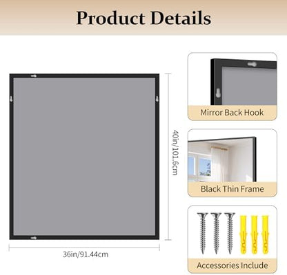 COFENY Black Bathroom Mirror for Wall, 36x40 Inch Rectangle Mirrors with Metal Frame, Modern Rectangular Wall Mirror for Bathroom Living Room, Entryway Hangs Horizontal or Vertical