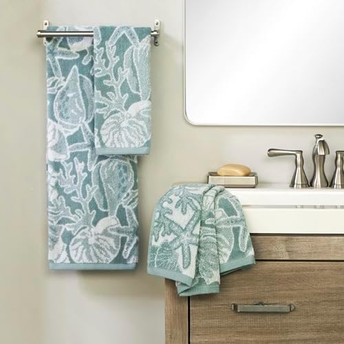 SKL Home South Seas Shell Bath Towel, 100% Cotton Jacquard, Teal/White