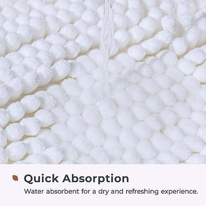 FRESHMINT Chenille Bathroom Rugs Mat 32”x20”, Non-Slip Bath Mat for Bathroom Floor & Bathtub, Washable Soft Shower Shag Bath Rugs, Durable Fluffy Thick Water Absorbent Microfiber Shower Mat, White