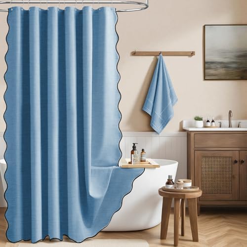 BTTN MoonlightBlue Boho Scalloped Linen Textured Shower Curtain Set, 72x72