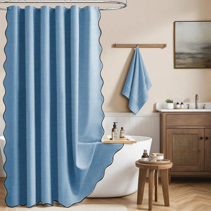 BTTN MoonlightBlue Boho Scalloped Linen Textured Shower Curtain Set, 72x72