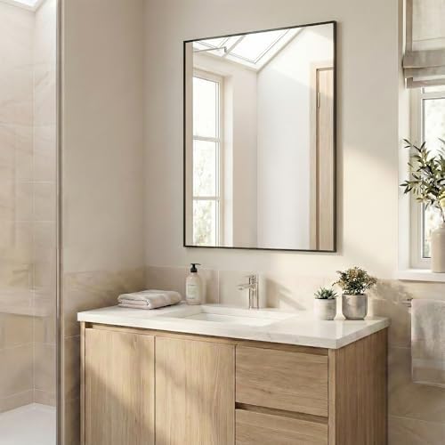 30"x36" Matte Black Framed Rectangle Bathroom Vanity Wall Mirror