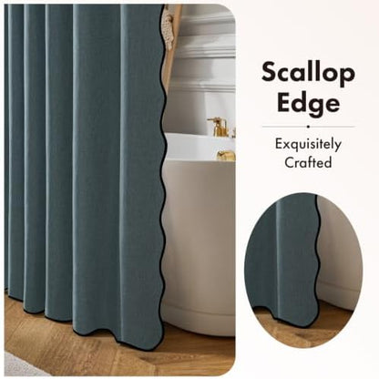ANRODUO Dusty Blue Scalloped Linen Textured Shower Curtain, W72 x L72