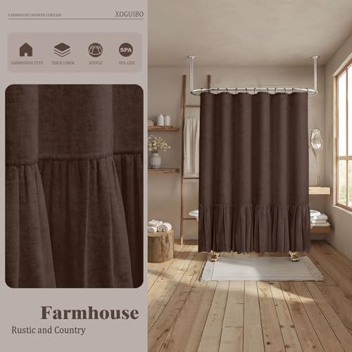 Farmhouse Shower Curtain Ruffle Linen Flax Brown 72" W x 72" L