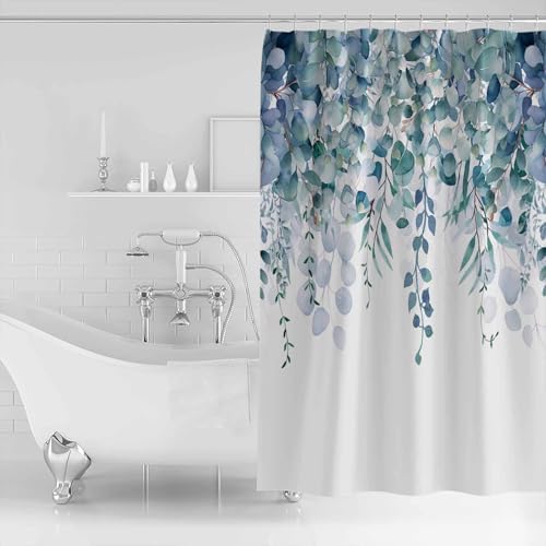 Shower Curtain Bathroom Set Country Eucalyptus Leaves Waterproof Shower Curtains with Grommets Hooks Watercolor Teal Green Leaf Privacy Bath Curtain for Bathtub Decor 72x78in