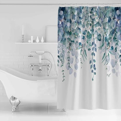 Shower Curtain Bathroom Set Country Eucalyptus Leaves Waterproof Shower Curtains with Grommets Hooks Watercolor Teal Green Leaf Privacy Bath Curtain for Bathtub Decor 36x72in