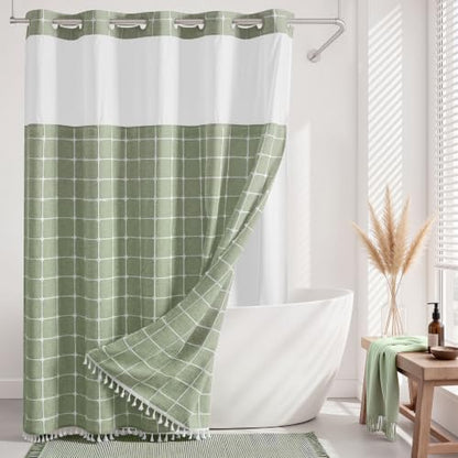 RiverDream Farmhouse No Hooks Shower Curtain with Snap-in Liner,Green,71x86