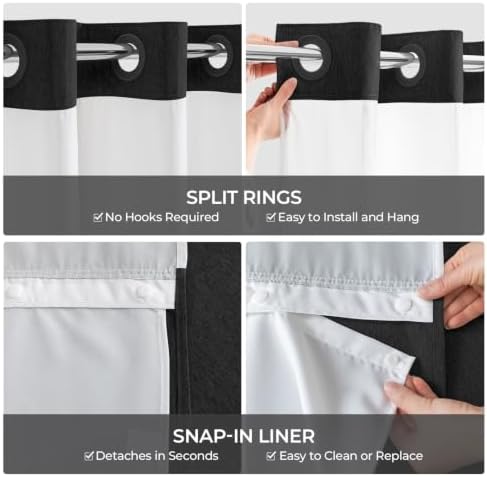 River Dream Linen Textured No Hooks Shower Curtain with Liner,Black,71x74