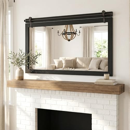 27"x49" Black Wood Grain Barn Door Wall Mirror with Wood Header