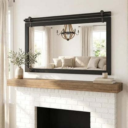 27"x49" Black Wood Grain Barn Door Wall Mirror with Wood Header