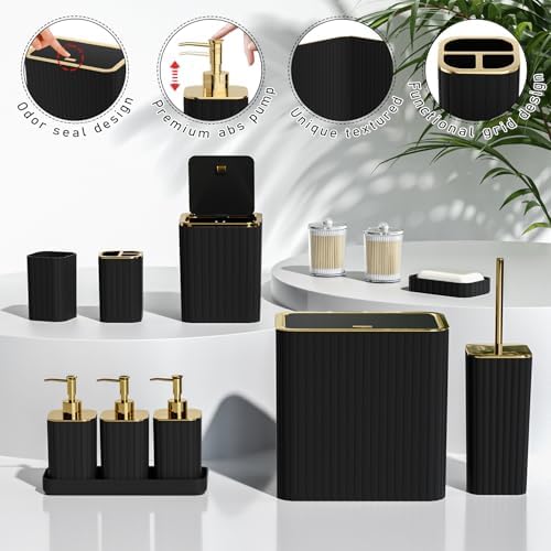 Bathroom Accessory Set - Bathroom Set, 12PC Bathroom Accessories Set, Black Bathroom Accessories Set, Mini Trash Can, Toilet Brush, Trash Can & Soap Dispenser