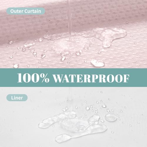 No Hook Waffle Shower Curtain with Snap-in Liner, 54x80 Inch, Blush Pink