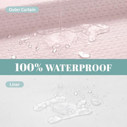No Hook Waffle Shower Curtain with Snap-in Liner, 54x80 Inch, Blush Pink