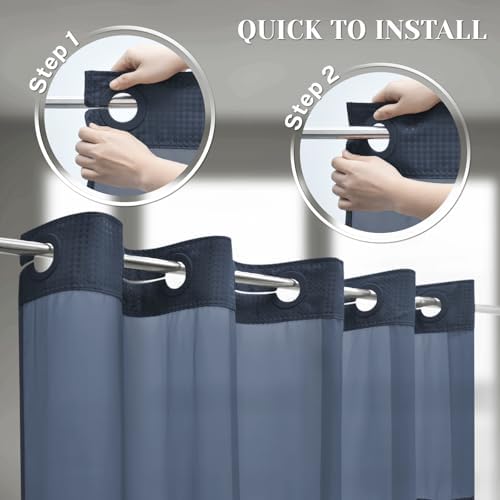 No Hook Waffle Shower Curtain with Snap in Liner Set, 54x80, Navy Blue