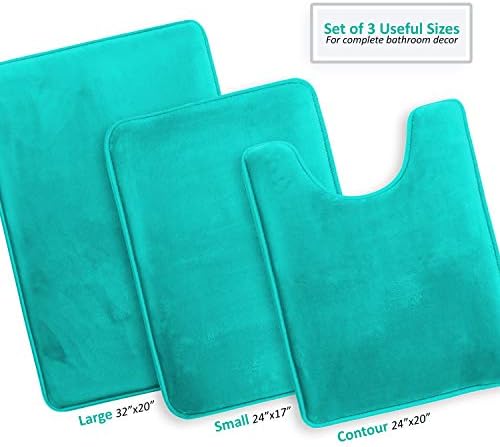 Clara Clark 3 Piece Bathroom Rugs Bath Mat Set, Velvet Memory Foam Bath Mats for Bathroom - Non-Slip, PVC Backing Bath Rugs, Washable - Dries Quickly, Teal