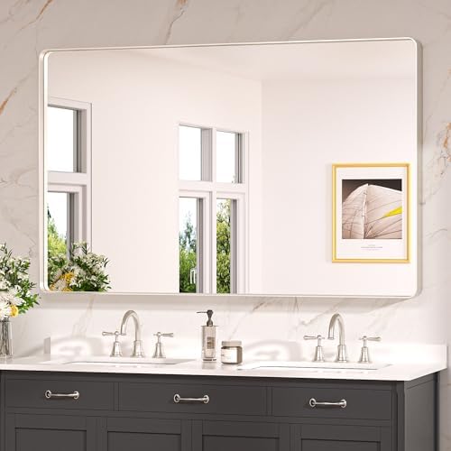 Keonjinn 55 x 36 Inch Brushed Nickel Bathroom Mirror, Tempered Glass