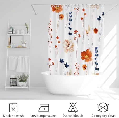 Gibelle Orange Navy Beige Watercolor Floral Fabric Shower Curtain, 72x72