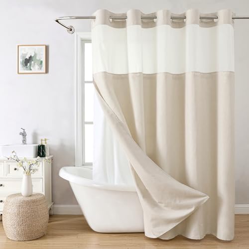 eachope Extra Long No Hooks Needed Linen Textured Shower Curtain with Snap-in Fabric Liner Set,Cream Hotel Luxury Decor Shower Curtains for Bathroom,Waterproof & Washable,71Wx86H