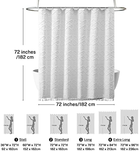 White Boho Shower Curtain Fabric Shower Curtains with Tassel 72 x 72 Modern Textured Shower Curtain Farmhouse Minimalist, Tufted Chevron Striped Shabby Chic, Water Resistant Cloth Curtain for Bathroom