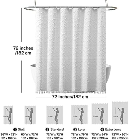 White Boho Shower Curtain Fabric Shower Curtains with Tassel 72 x 72 Modern Textured Shower Curtain Farmhouse Minimalist, Tufted Chevron Striped Shabby Chic, Water Resistant Cloth Curtain for Bathroom