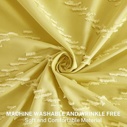 Yellow Boho Shower Curtain with White Tassel - 72 x 72 Modern Farmhouse Textured Tufted Chevron Striped Minimalist Bathroom Shower Curtain