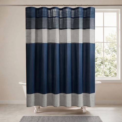 Madison Park Amherst 72 x 72 Bathroom Shower Curtain, Faux Silk, Navy