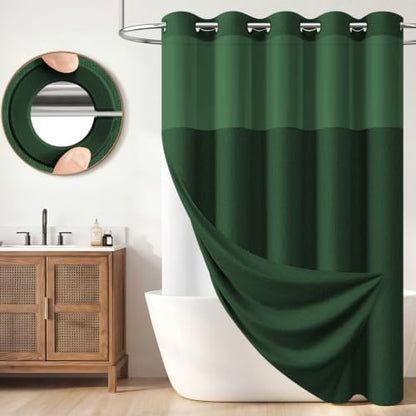 BTTN Emerald Green Ringless Linen Look Shower Curtain with Snap Liner 72x75