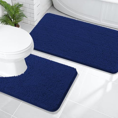 OLANLY Chenille Bathroom Rugs Mats Sets 2 Piece, 47"x20"+24"x20", Navy