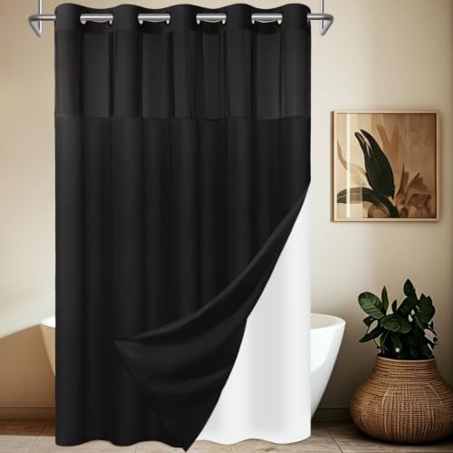 SORTTO No Hook Slub Shower Curtain with Liner, 71x98, Black