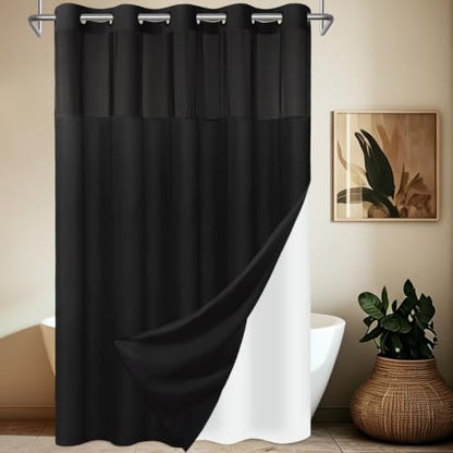 SORTTO No Hook Slub Shower Curtain with Liner, 71x98, Black