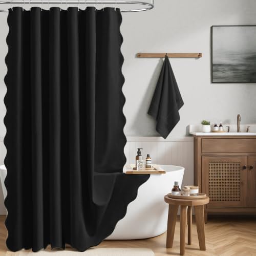 BTTN Boho Scalloped Linen Textured Cloth Shower Curtain Set, 72x84, Black